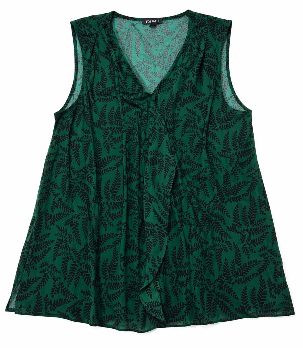 Roz & Ali 2X Plus Green Fern Print Sleeveless Ruffle Chiffon Blouse Tank